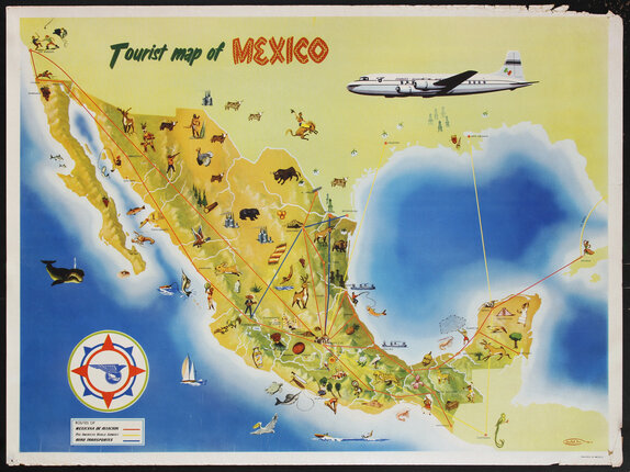 a pictorial map of Mexico with an airplane flying over it