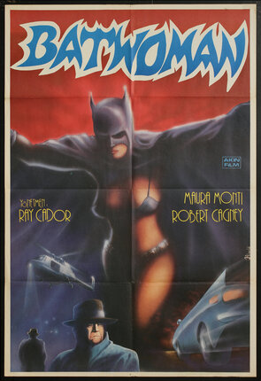 movie poster of a woman in a bikini dressed in a batmask and cape.
