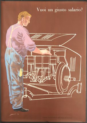a poster of a man standing in front of a machine