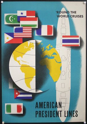 a poster with a rocket and a globe
