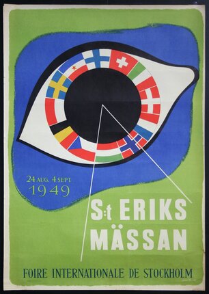 a poster with a eye and flags