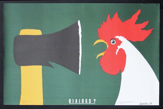 a poster of a rooster and an ax