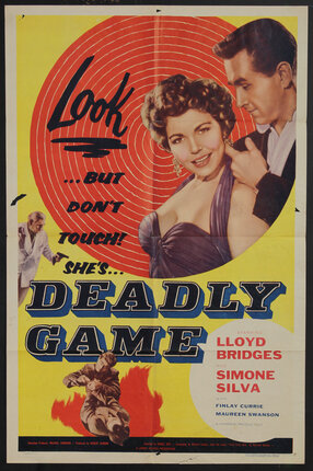 a movie poster with text and a man caressing a woman's neck and a bullseye target behind them.