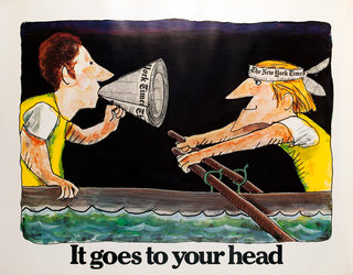 cartoon of two men in a boat with a newspaper in their mouth