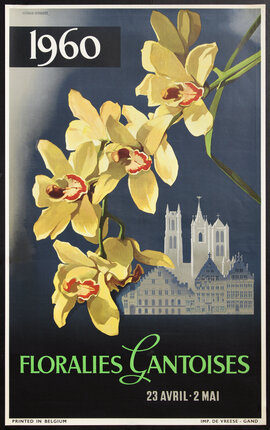 a poster with yellow flowers and buildings
