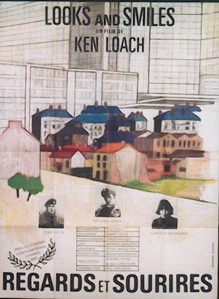 a poster with a drawing of a town