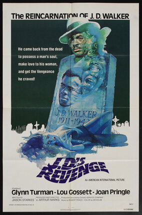 a movie poster with illustration of ghosts emerging from a headstone and a murder body of a woman lying before it.