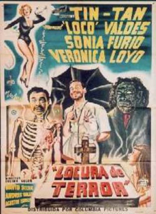 a movie poster with a man and a skeleton