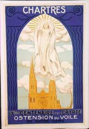 a poster with a white angel above a building