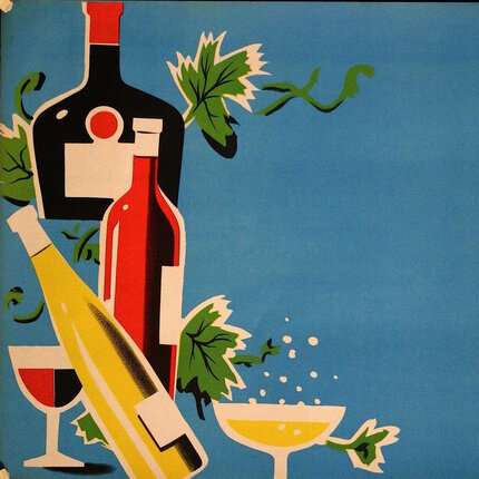 a poster with bottles and glasses