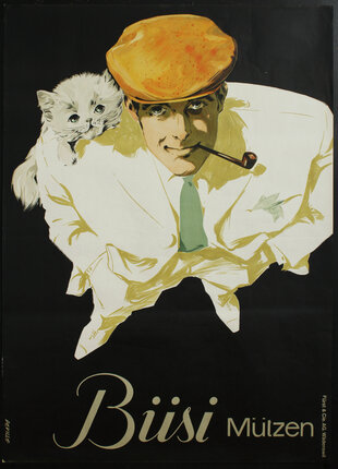 a poster of a man with a cat on his back