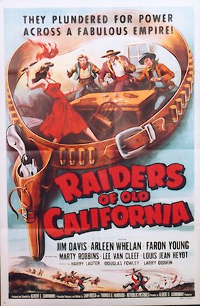 a poster of three cowboys around a table, a woman holding a torch. a gun holster belt frames the scene