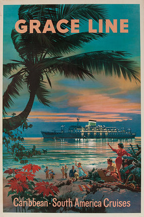 a poster of a cruise ship on a beach