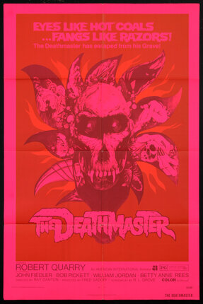 neon red and pink poster with a skull