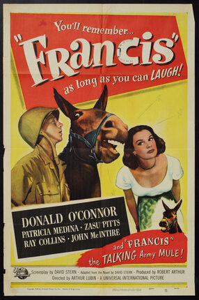 movie poster with a mule talking  to a young solider and woman.