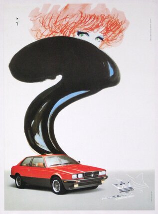 a poster of a car with a black mouth and a woman's face