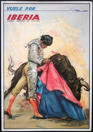 a poster of a bullfighter putting a cape on a bull