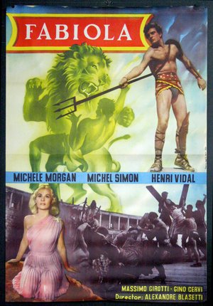 a movie poster with a man holding a spear and a lion