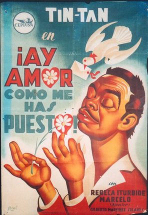 a poster with a man holding a flower