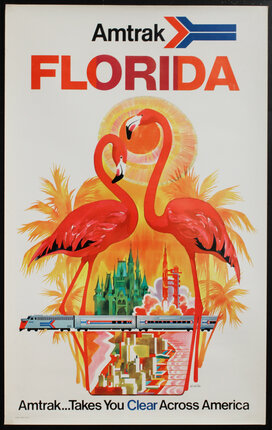 a poster with two flamingos