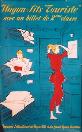 a woman in red pajamas in a room with bunk beds and a sink