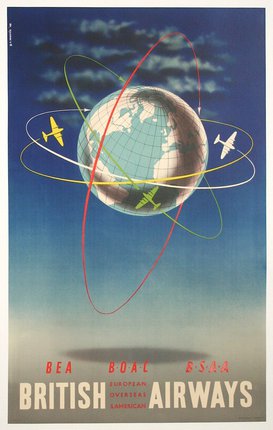 a poster with airplanes around the globe