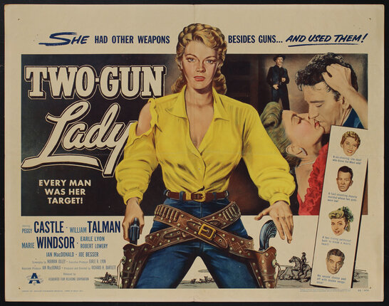 a poster of a woman in torn yellow shirt with two gun strapped to her sides