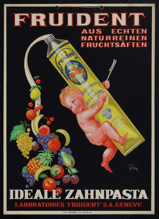 a poster of a baby with a tube of toothpaste