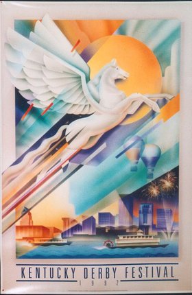 a poster with a pegasus flying over a city