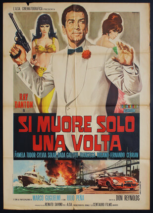 a movie poster with a man holding guns and a woman in a white suit