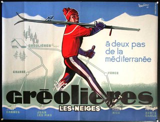 a poster of a man holding skis