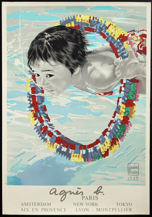 a poster of a boy swimming in the water