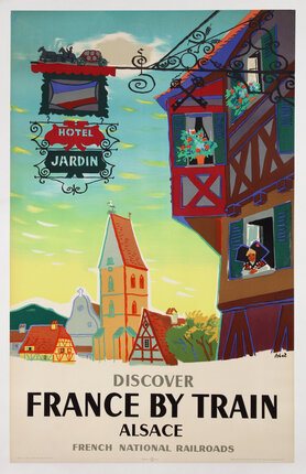 a poster with an illustration of a hotel in the city
