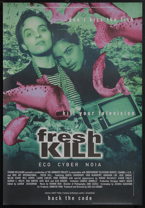 a poster of two woman surrounded by fish and tvs