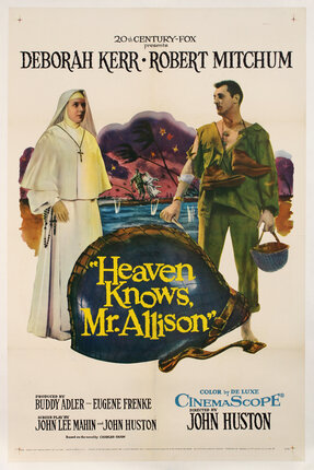 a movie poster of a nun and a soldier with a tropical scene behind them and a helmet in front of them