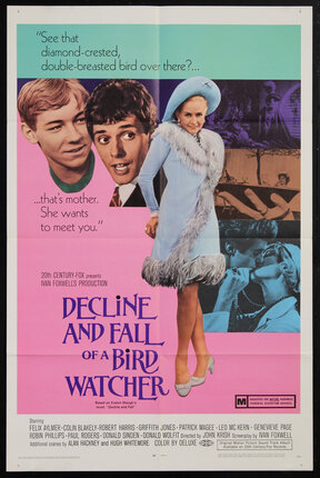 a movie poster with a standing woman in a fur laced coat and the faces of two men looking at her with additional film stills