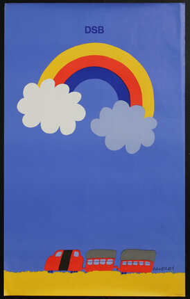 a poster with artwork of a train and a rainbow with two clouds