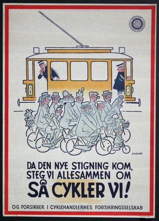 a poster with a group of people riding bicycles and a trolley
