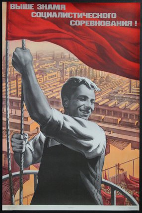 a man holding a red flag
