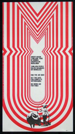 poster featuring a red and white pattern shaped like a bomb, symbolizing the aerial bombing of Indochina. 