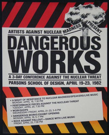 a poster with text and black and orange stripes