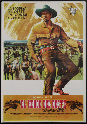 a poster of a cowboy standing with bent knees and his hand on a gun in his holster and Native Americans in the background
