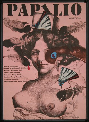 a poster of a woman with feathers and butterflies