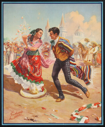 a man and woman in traditional Mexican costumes dancing in a desert around a sombrero.