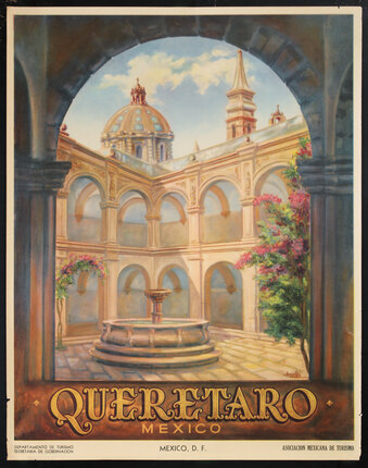 a poster of a building with a fountain