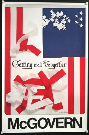 a poster with red white and blue stripes