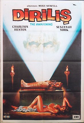 a movie poster with a woman lying on a coffin
