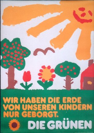 a poster with a sun and trees