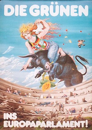 a painting of a woman riding a bull