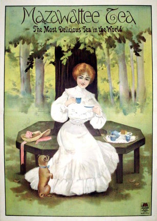 a woman in a white dress holding a cup and a dog sitting on a table
